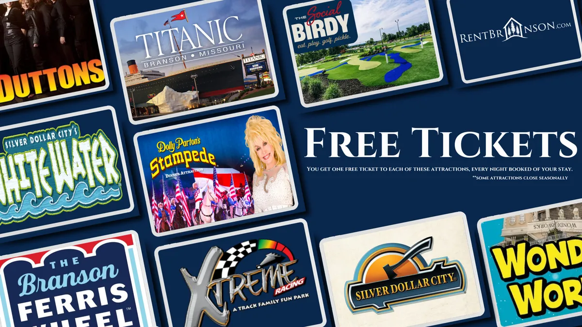 An interior promotional image displaying 'Free Tickets' text alongside logos of Branson's top attractions, such as theme parks and live shows. The excitement is palpable—this visual directly references the range of entertainment options just minutes away.